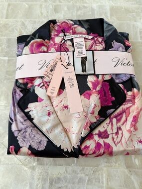 Victoria's Secret Black Satin Floral Pajama Set with Pink & Purple Flowers